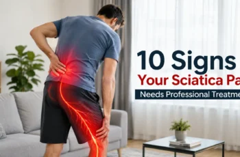 Person experiencing sciatica pain while holding their lower back and leg in a living room, illustrating symptoms that may require professional treatment.