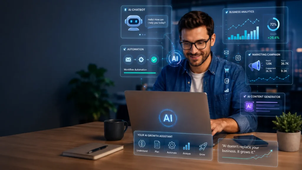 Small business owner using AI-powered analytics, chatbot automation, and digital marketing tools on a futuristic laptop workspace