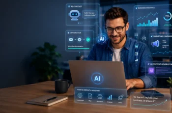Small business owner using AI-powered analytics, chatbot automation, and digital marketing tools on a futuristic laptop workspace