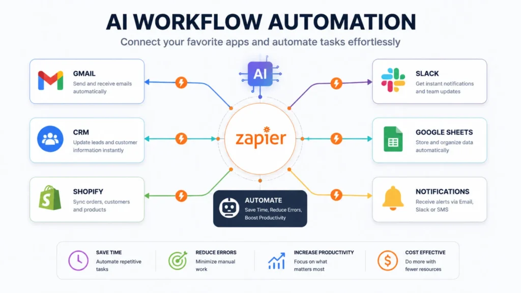 AI workflow automation infographic showing Zapier connecting Gmail, CRM, Shopify, Slack, Google Sheets, and notifications to automate business tasks.