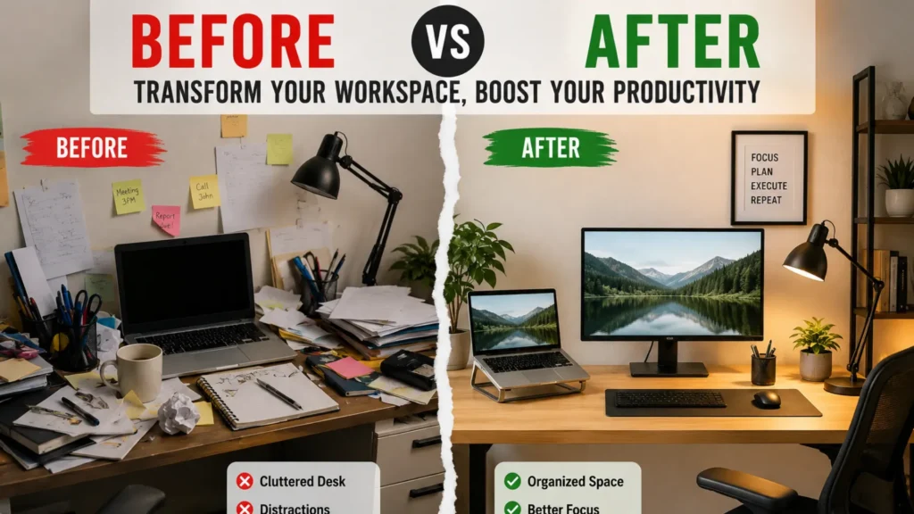 Split-screen image showing a messy home office desk before organization and a clean, productive workspace after transformation with an ergonomic setup.