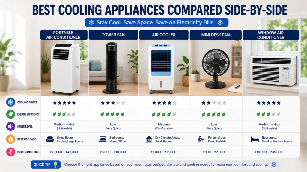 Best cooling appliances compared side-by-side including portable AC, tower fan, air cooler, mini desk fan, and window air conditioner for small apartments