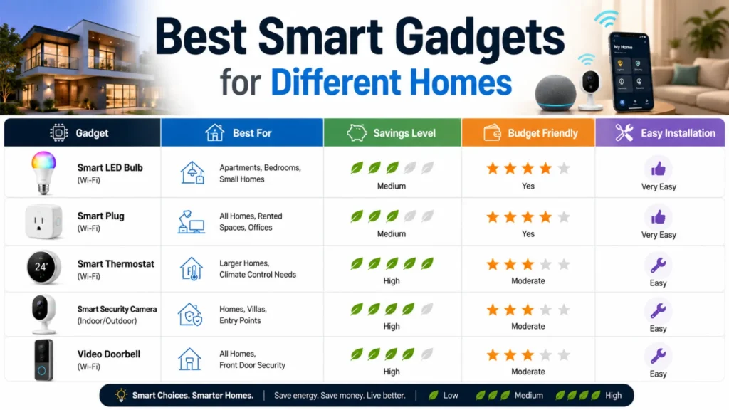 Comparison infographic of smart home gadgets featuring savings, affordability, and easy installation benefits.