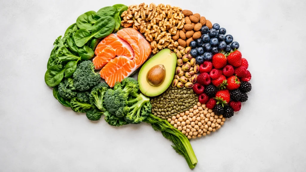 Brain shape made with healthy foods including berries, nuts, salmon, avocado, seeds, and leafy greens to represent brain health and nutrition.