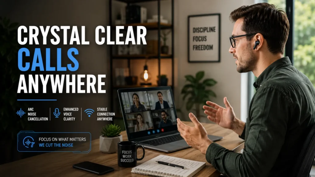 Professional attending a remote video meeting using ANC wireless earbuds in a modern home office setup