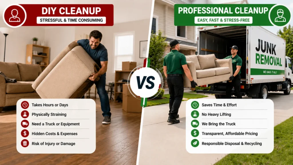 DIY vs professional junk removal comparison showing homeowner struggling with furniture while cleanup crew removes items easily