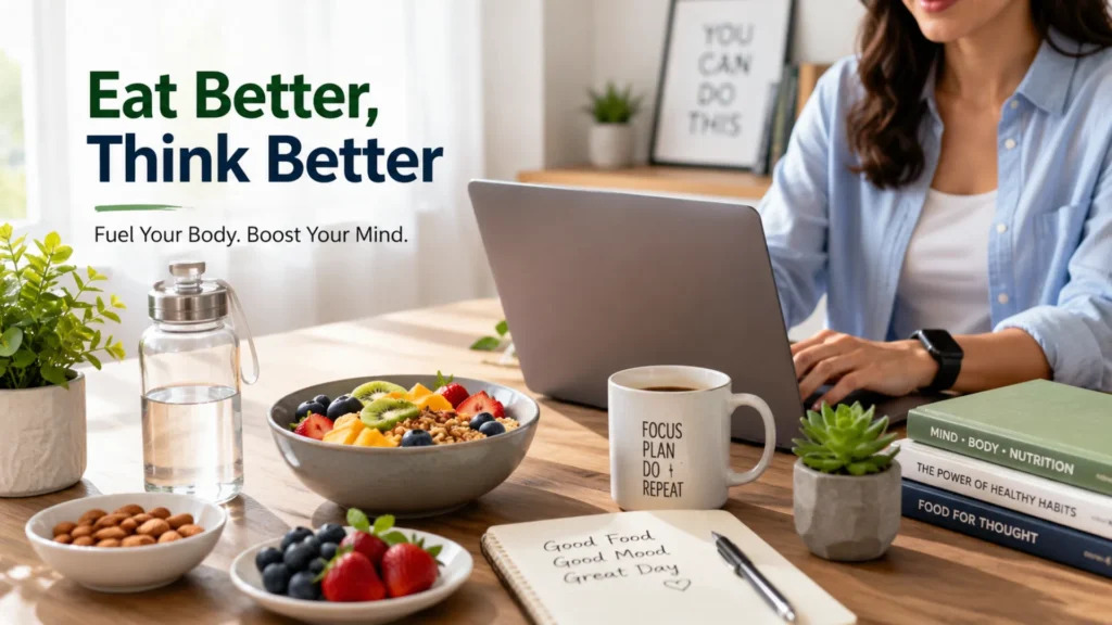 Person working on a laptop with a healthy breakfast including fruits, nuts, and water to support mental health and productivity.
