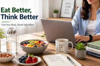 Person working on a laptop with a healthy breakfast including fruits, nuts, and water to support mental health and productivity.