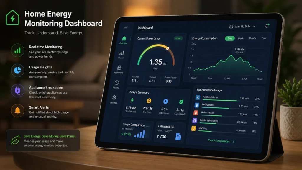 Home energy monitoring dashboard displayed on a tablet showing real-time electricity usage graphs and appliance consumption statistics in a modern living room.