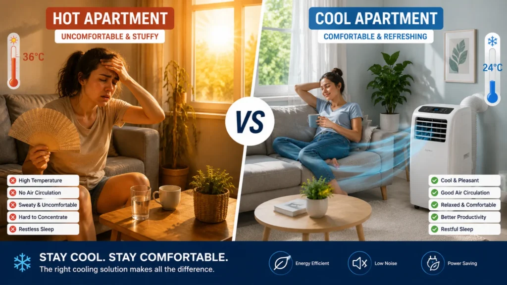 Hot apartment vs cool apartment comparison showing the difference between a sweaty room with no airflow and a comfortable small apartment using a portable air conditioner.