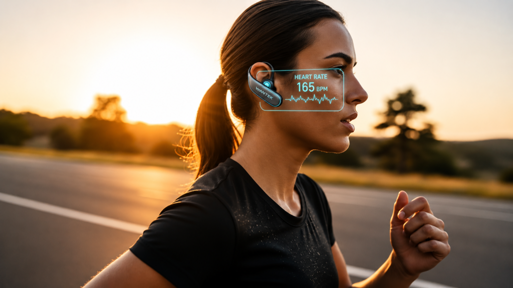 Female runner wearing smart wireless fitness earbuds with live heart rate tracking during an outdoor workout at sunset