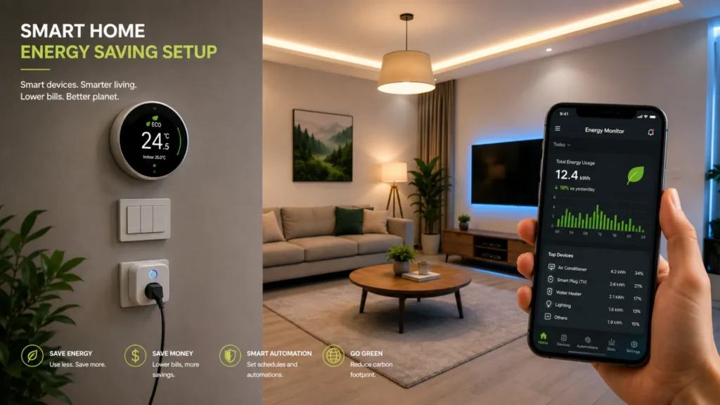 Modern smart home living room with smart thermostat, smart plug, smart lighting, and smartphone displaying energy monitoring app for home energy savings.