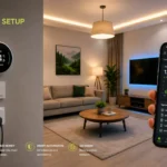 Modern smart home living room with smart thermostat, smart plug, smart lighting, and smartphone displaying energy monitoring app for home energy savings.
