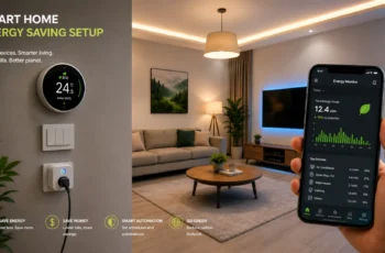 Modern smart home living room with smart thermostat, smart plug, smart lighting, and smartphone displaying energy monitoring app for home energy savings.