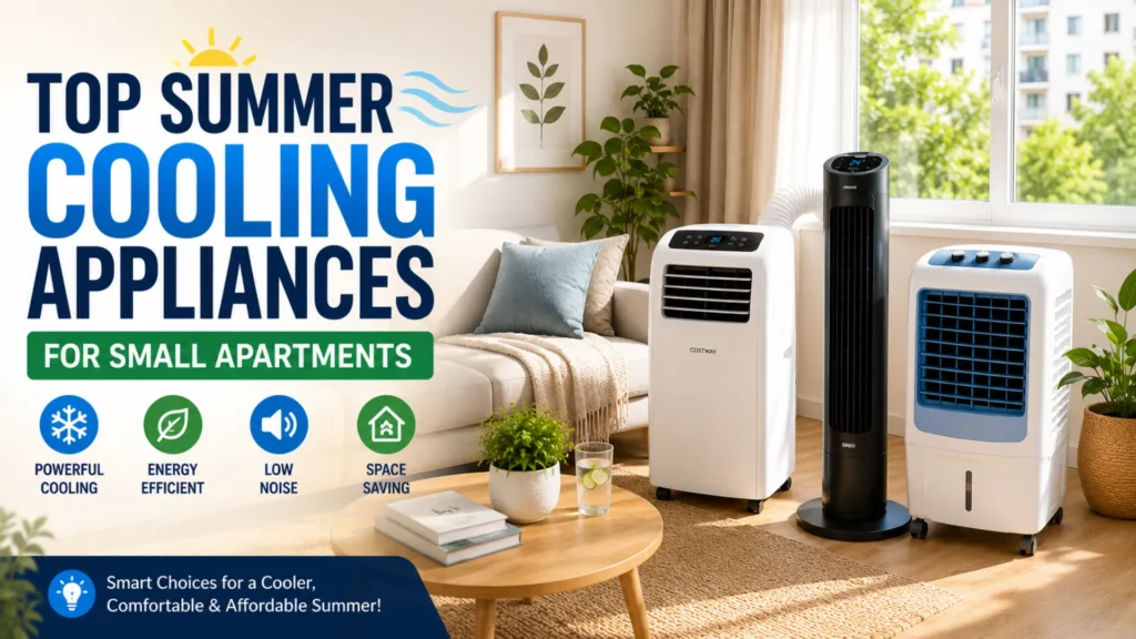 Modern small apartment living room with portable AC, tower fan, and air cooler for summer cooling.