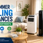 Modern small apartment living room with portable AC, tower fan, and air cooler for summer cooling.