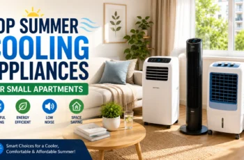 Modern small apartment living room with portable AC, tower fan, and air cooler for summer cooling.