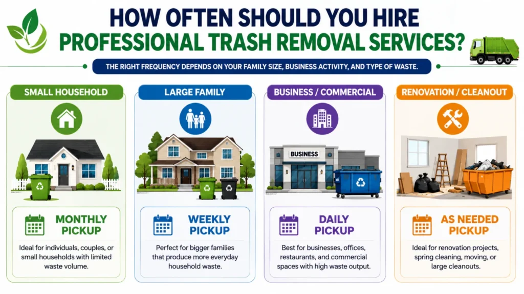 Infographic showing recommended trash removal frequency for households, families, businesses, and renovation projects