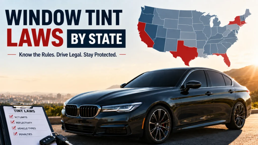Modern black car with dark tinted windows for window tint laws by state article