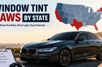 Modern black car with dark tinted windows for window tint laws by state article