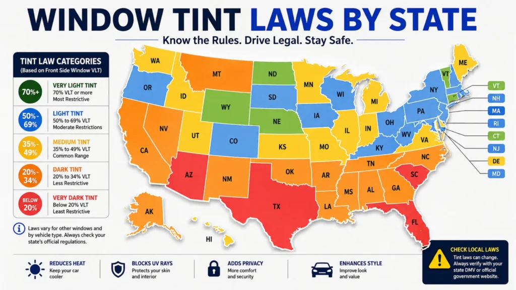 Color-coded United States map showing different window tint laws and tint percentage categories by state