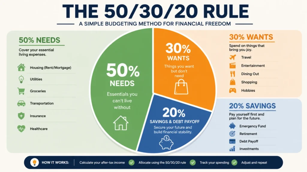 Infographic explaining the 50-30-20 budgeting rule for managing monthly finances.