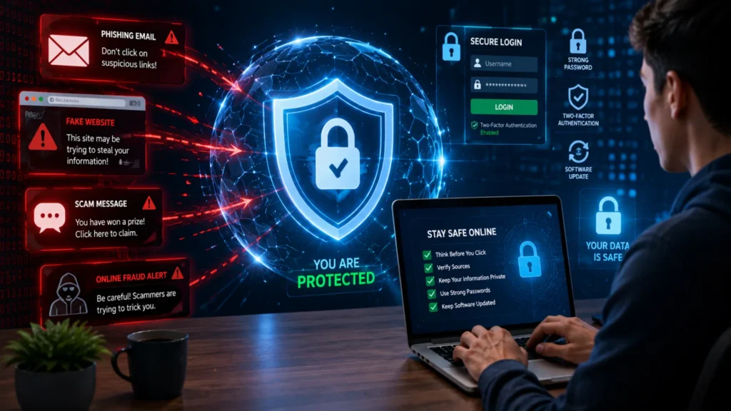 Person protected by a cybersecurity shield while browsing safely online and avoiding scams.