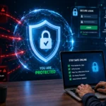Person protected by a cybersecurity shield while browsing safely online and avoiding scams.