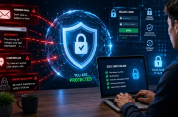 Person protected by a cybersecurity shield while browsing safely online and avoiding scams.