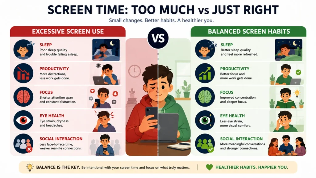 Key advantages of spending less time on phones and digital devices. Infographic showing the benefits of reducing screen time for health and productivity.