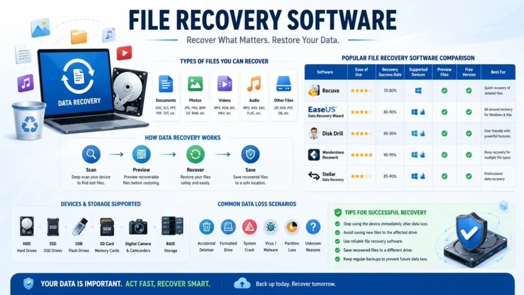 Best file recovery software tools for recovering deleted files on Windows and Mac.