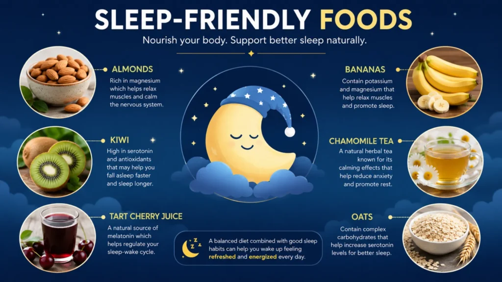 Sleep-friendly foods including almonds, kiwi, bananas, and chamomile tea that may support better sleep.