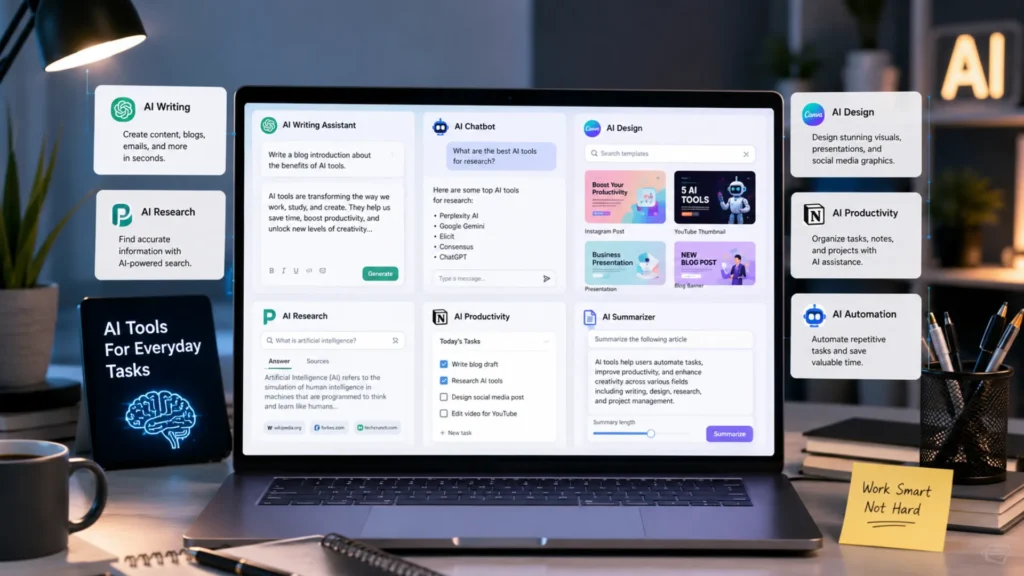 Best free AI tools for everyday tasks displayed on a modern laptop workspace