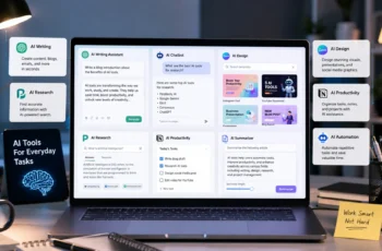 Best free AI tools for everyday tasks displayed on a modern laptop workspace