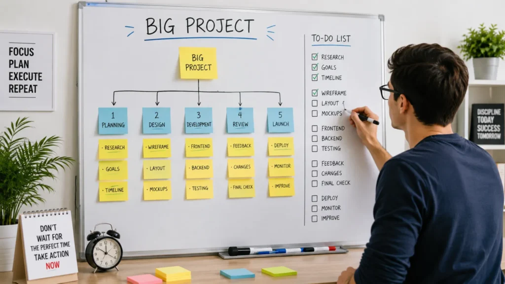 Reduce overwhelm by dividing big goals into manageable actions Person organizing a large project into smaller manageable tasks to reduce procrastination