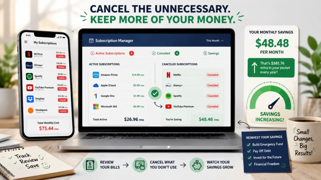 Save money by identifying and canceling unused subscriptions and recurring expenses. Person canceling unnecessary subscriptions on a smartphone to reduce monthly expenses.