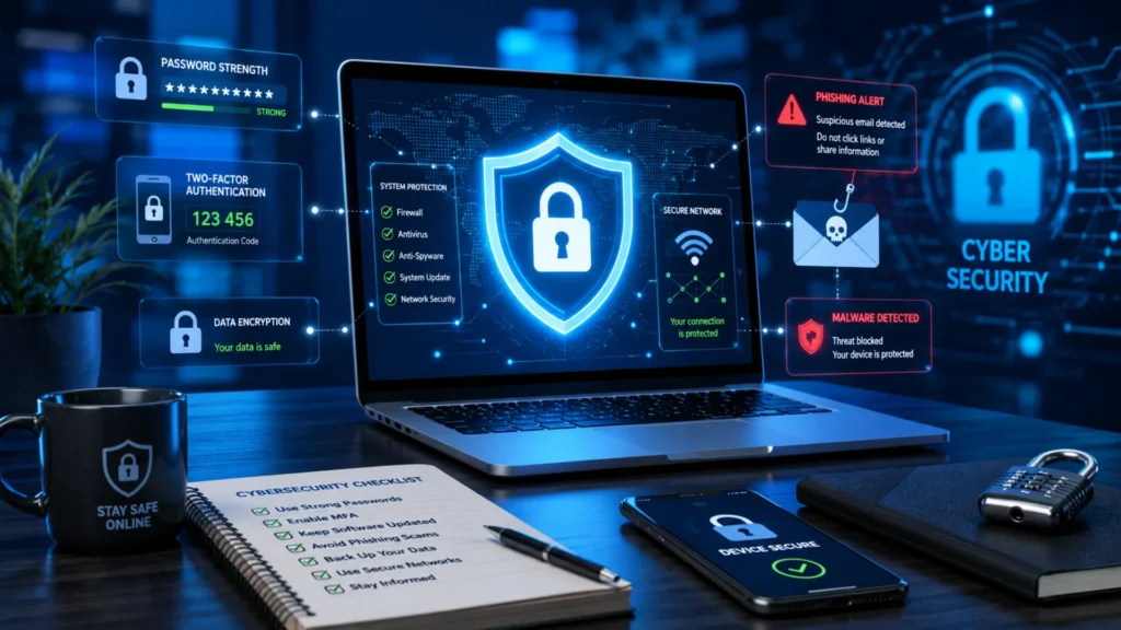 Common cybersecurity mistakes and prevention tips displayed on a secure digital workspace.
