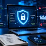 Common cybersecurity mistakes and prevention tips displayed on a secure digital workspace.