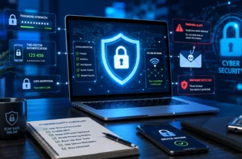 Common cybersecurity mistakes and prevention tips displayed on a secure digital workspace.