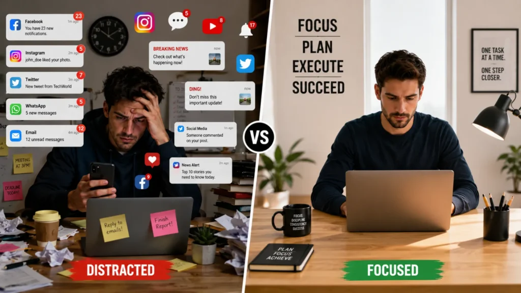 Comparison between digital distractions and a focused work environment.