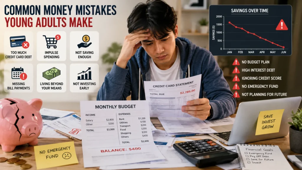 Young adult reviewing bills and finances while learning about common money mistakes to avoid.