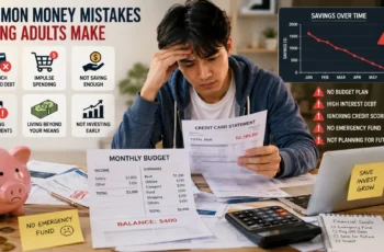 Young adult reviewing bills and finances while learning about common money mistakes to avoid.