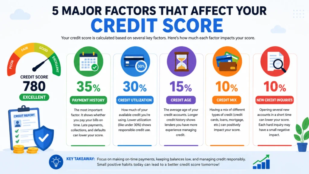 Infographic showing the key factors that influence a person's credit score.