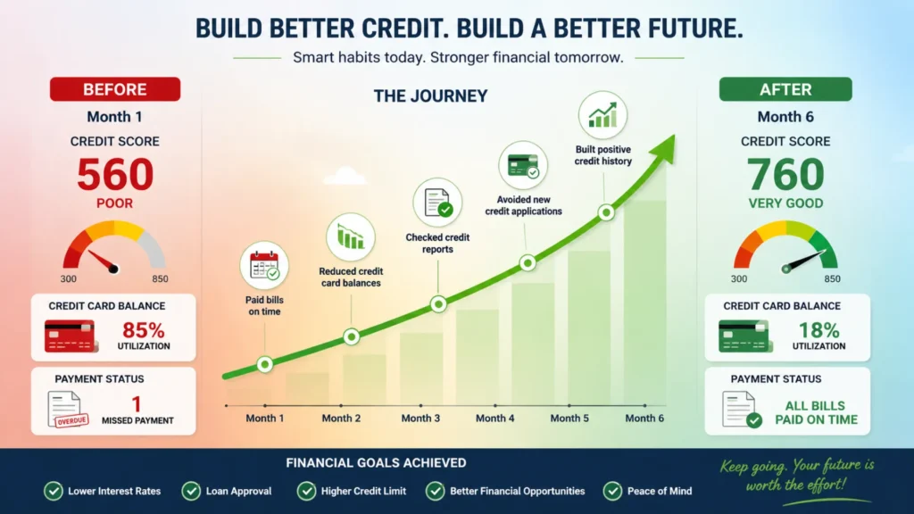 Illustration showing a credit score increasing over time through responsible financial habits.