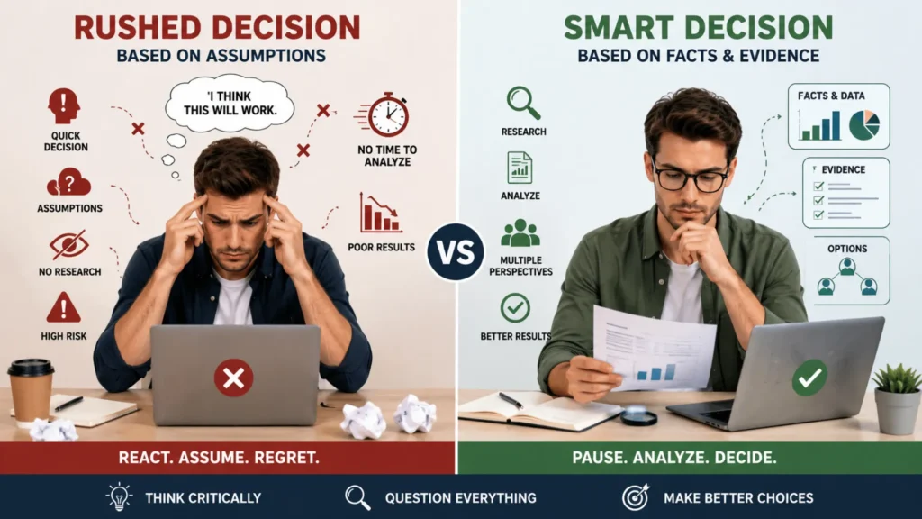 Understanding the difference between analytical and emotional decision-making. Comparison between critical thinking and reactive thinking during decision-making.