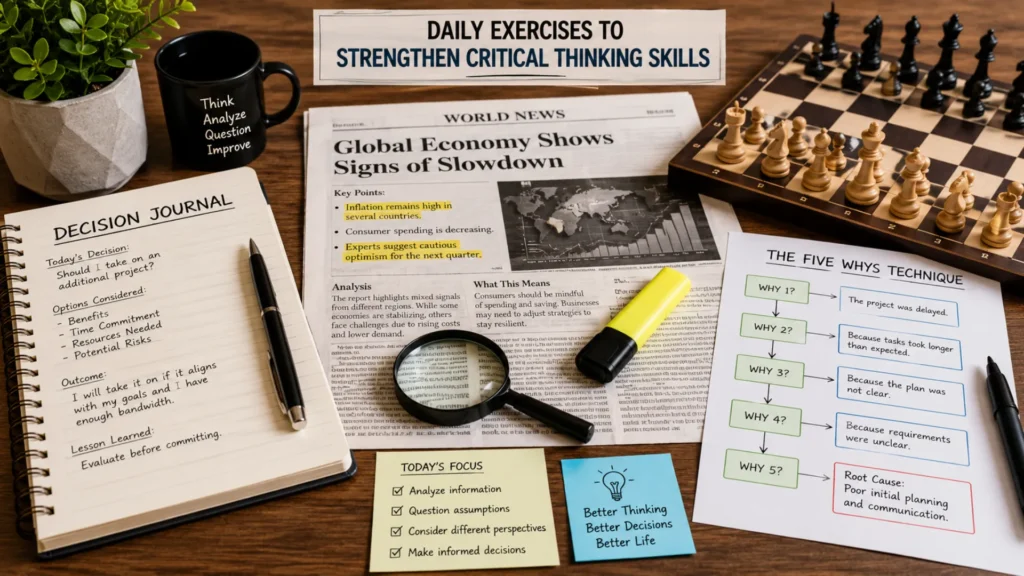 Simple habits and exercises that help develop stronger critical thinking skills. Daily activities such as journaling, news analysis, and puzzles to improve critical thinking.