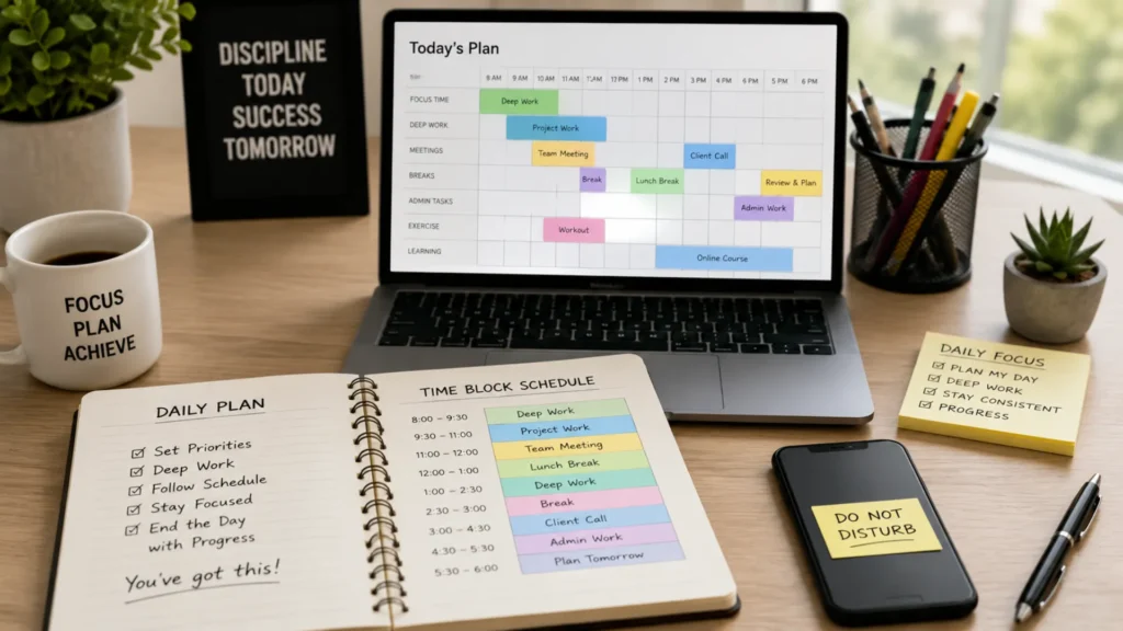 Time blocking schedule and organized workspace designed to improve focus and productivity.