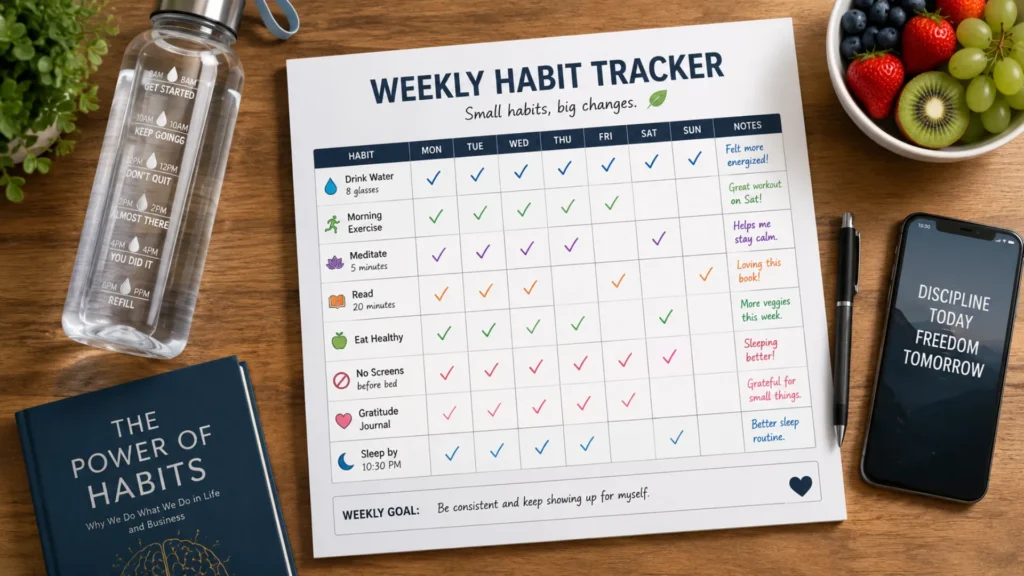 Track Your Daily Habits and Stay Consistent Weekly habit tracker checklist used to monitor daily progress and consistency.