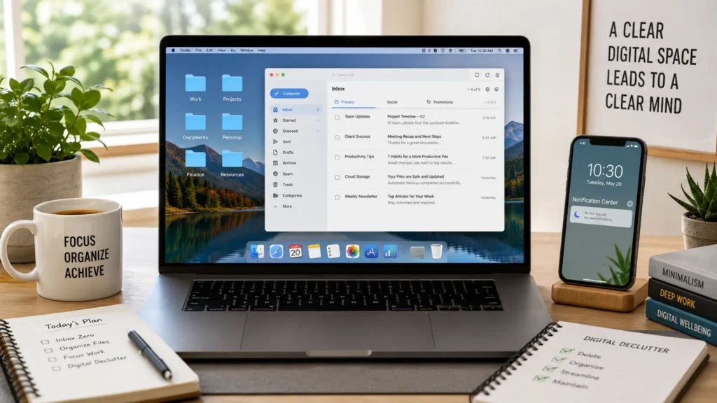 Clean digital workspace with organized files, inbox, and smartphone for digital decluttering.