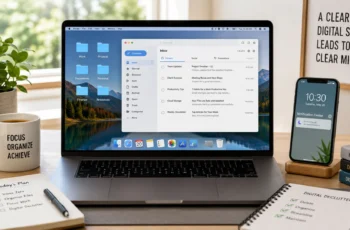 Clean digital workspace with organized files, inbox, and smartphone for digital decluttering.
